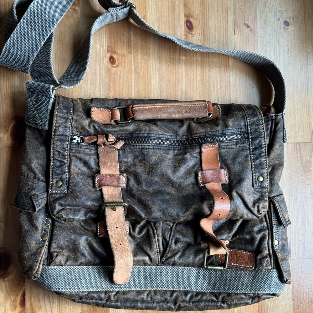 Bed Stu Brown and Tan Messenger Bag with Leather Straps